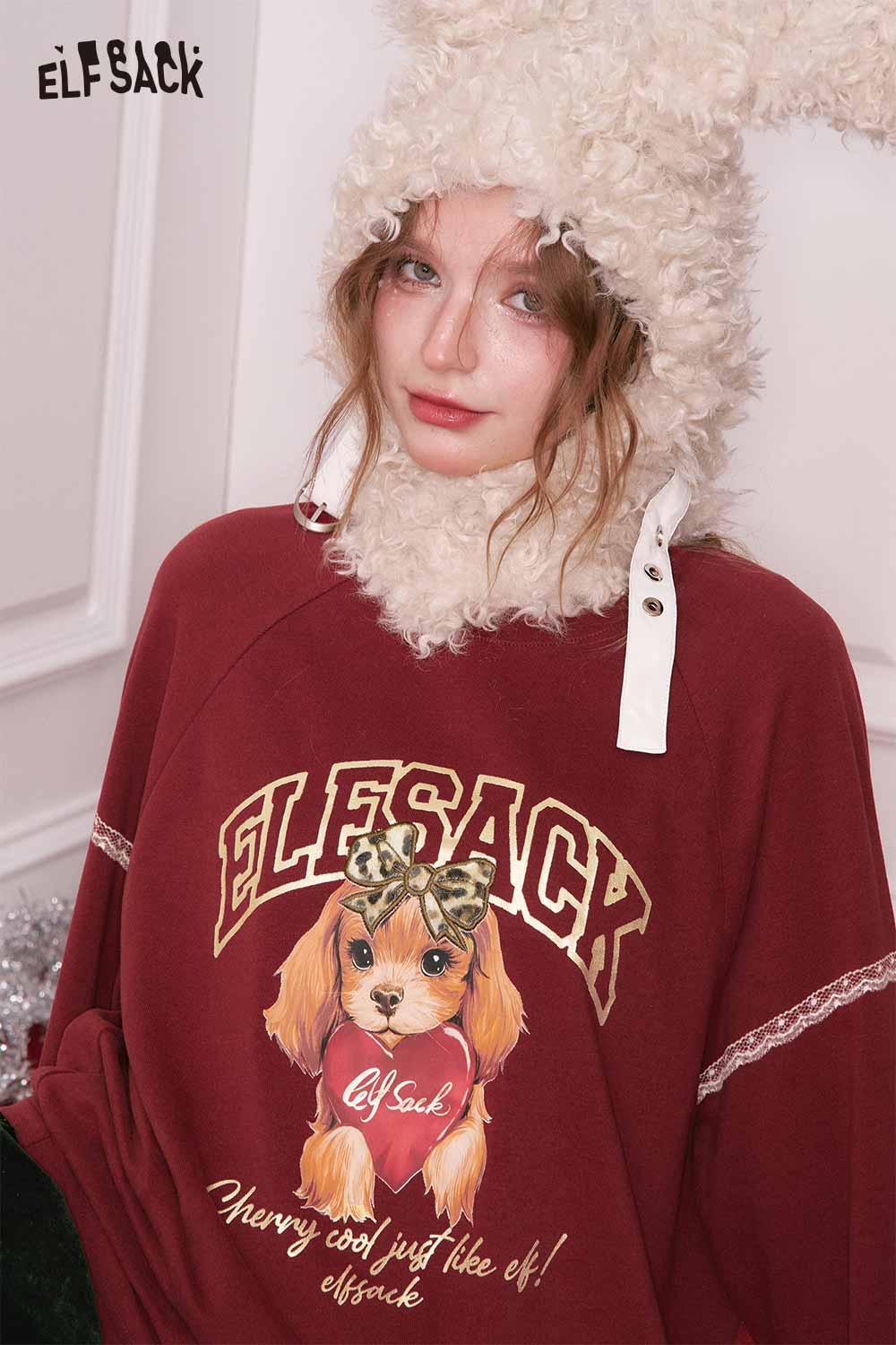 ELFSACK puppy graphic lace long sleeve tshirt in burgundy featuring a cute dog design