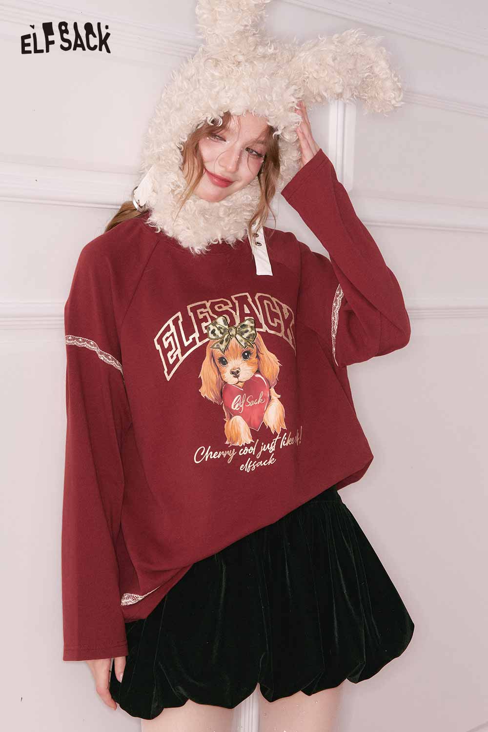 ELFSACK puppy graphic lace long sleeve tshirt in burgundy with trendy oversized fit and cute design