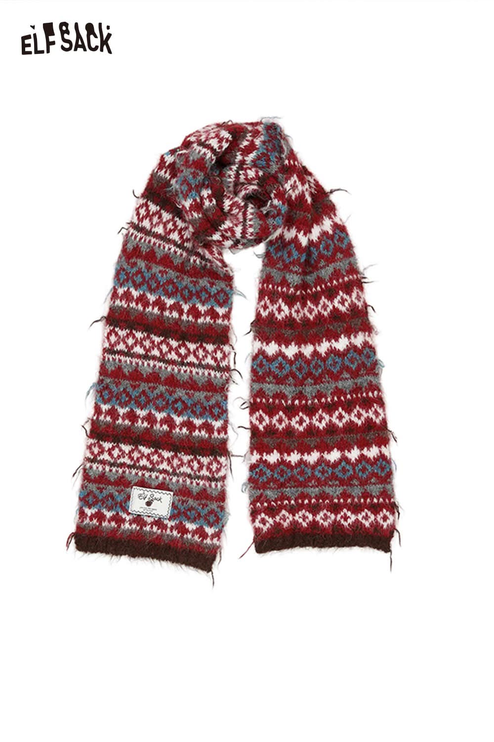 ELFSACK Bohemian stripe neck warmer in red and blue with a cozy knitted design and fringe edges
