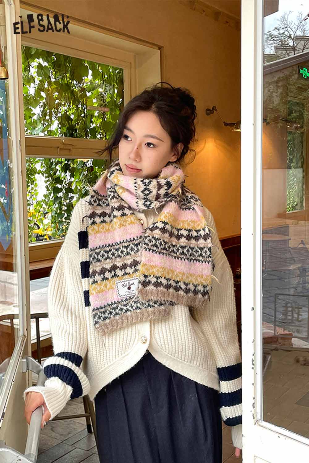 ELFSACK bohemian stripe neck warmer featuring a colorful knitted design for cozy winter warmth