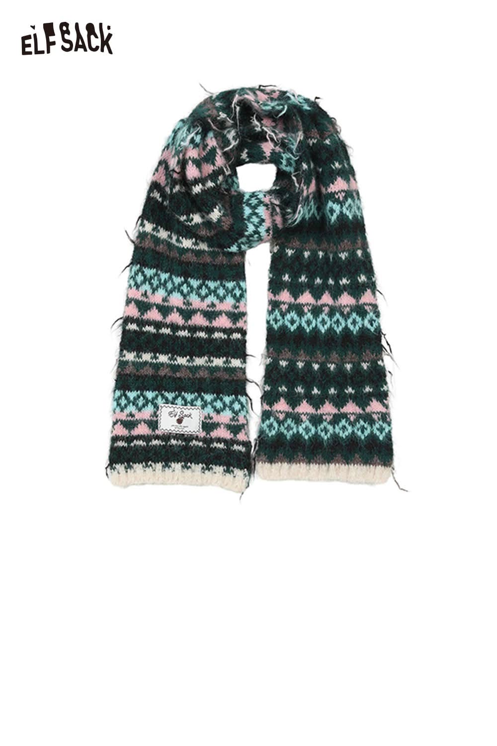ELFSACK Bohemian Stripe Neck Warmer in teal and pink with a cozy fringe design for stylish winter wear