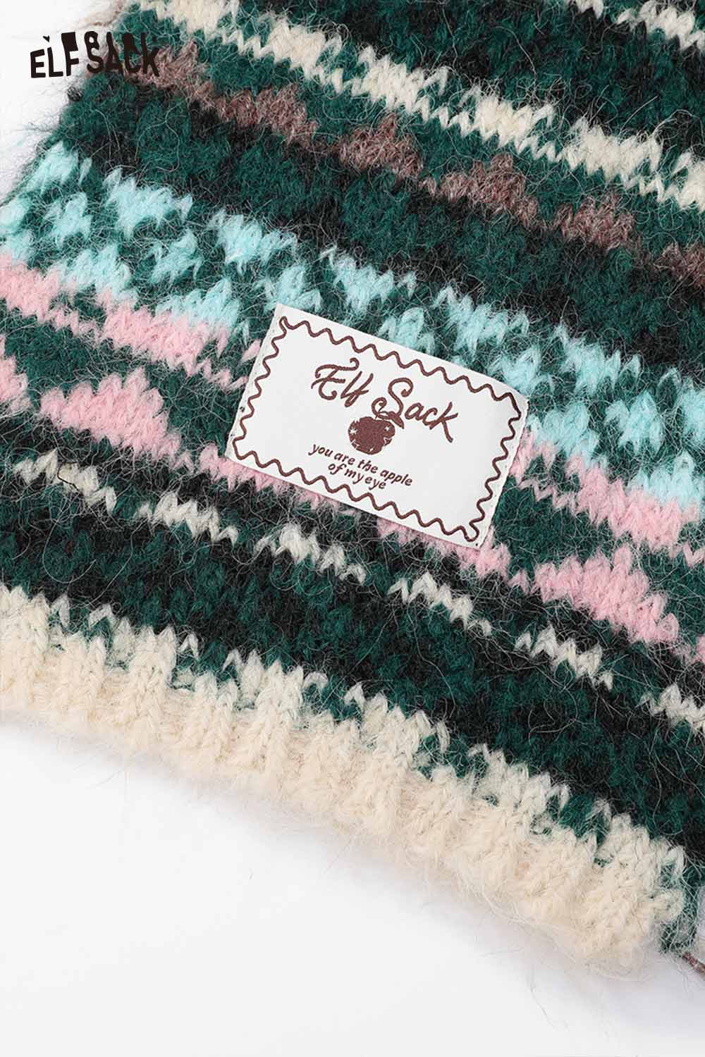 ELFSACK Bohemian Stripe Neck Warmer in Green and Pink with Soft Knit Design for Cozy Winter Wear