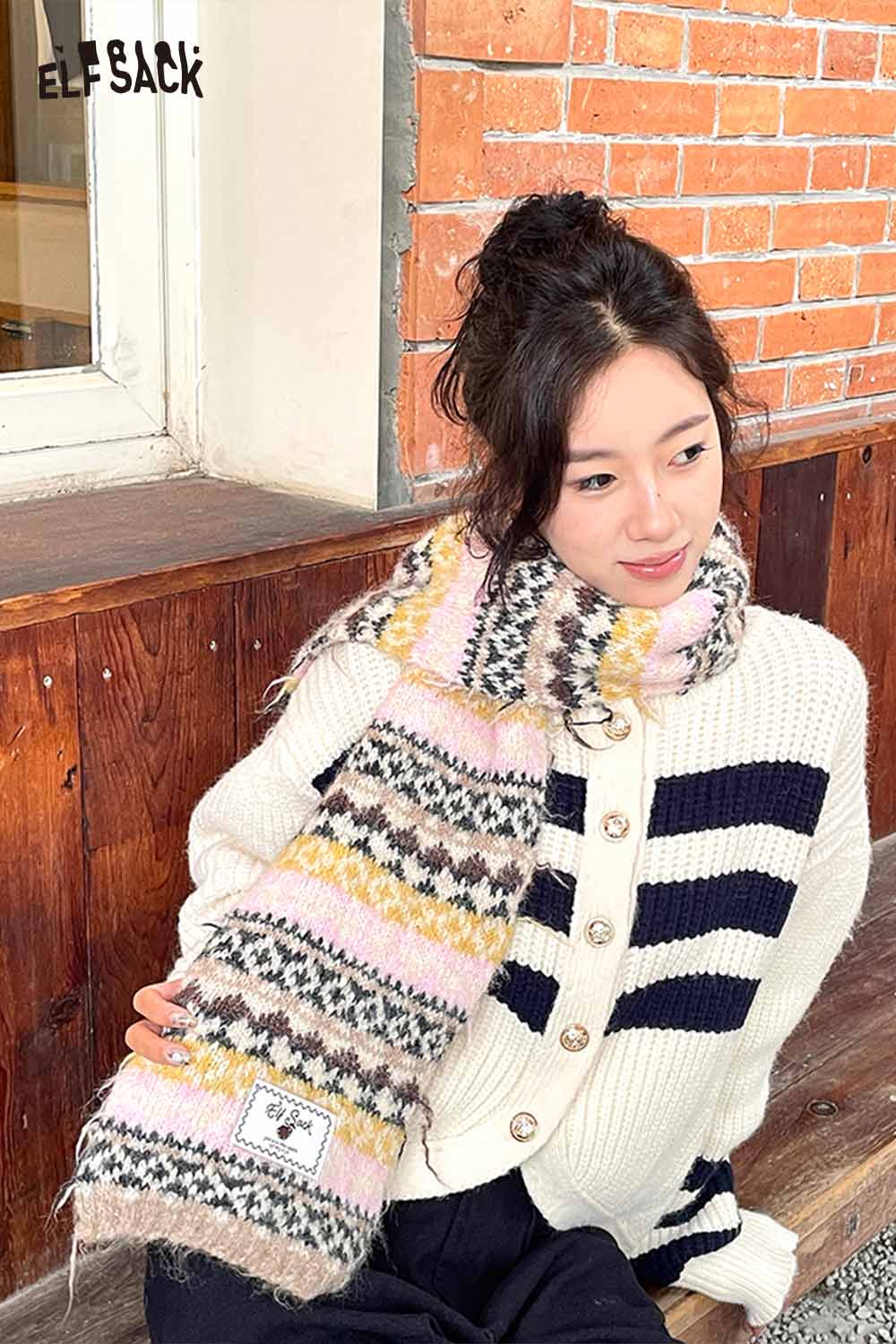 ELFSACK Bohemian Stripe Neck Warmer in vibrant colors paired with a cozy sweater