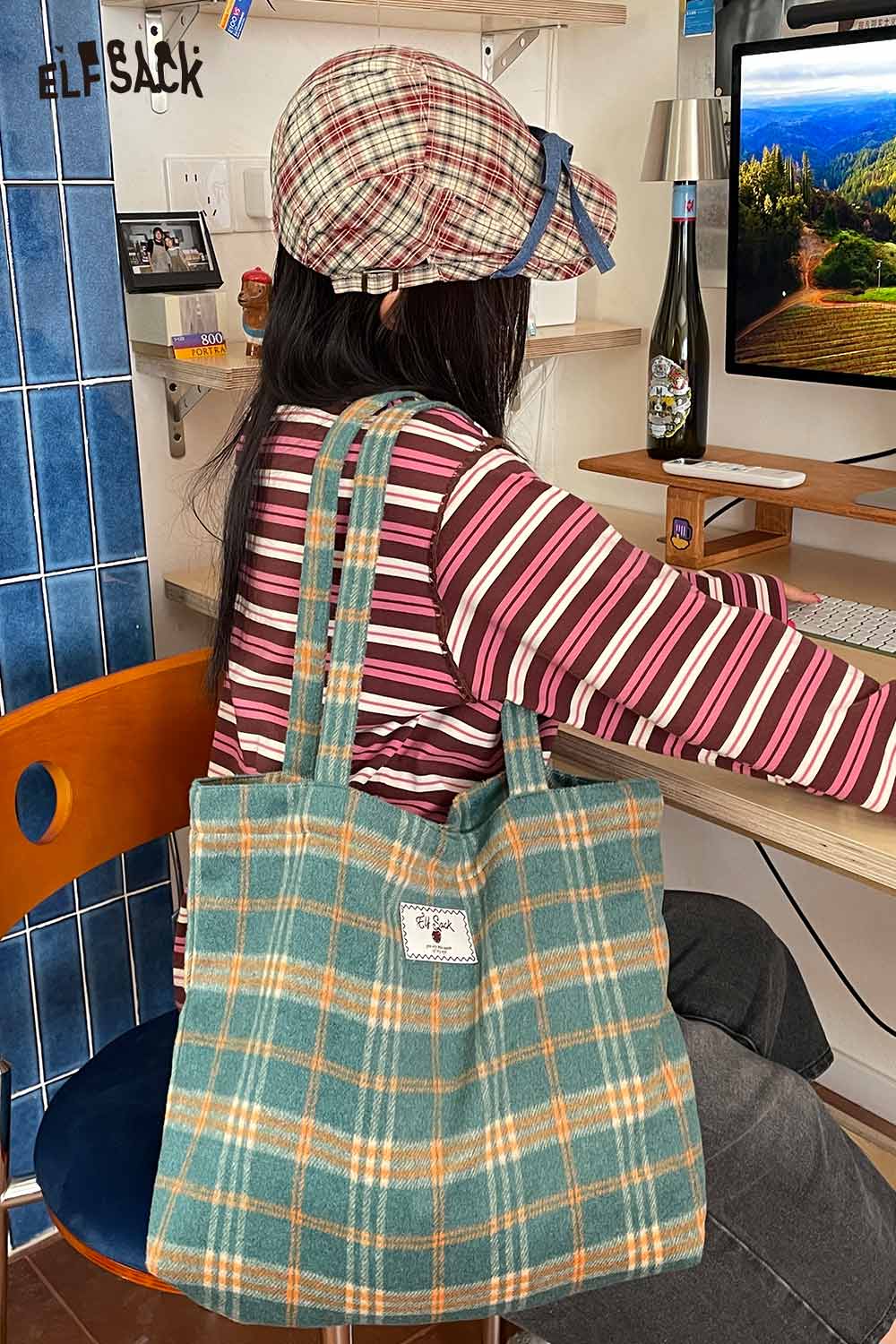 ELFSACK checkerboard weave tote bag in teal and orange, perfect for casual outings and daily use