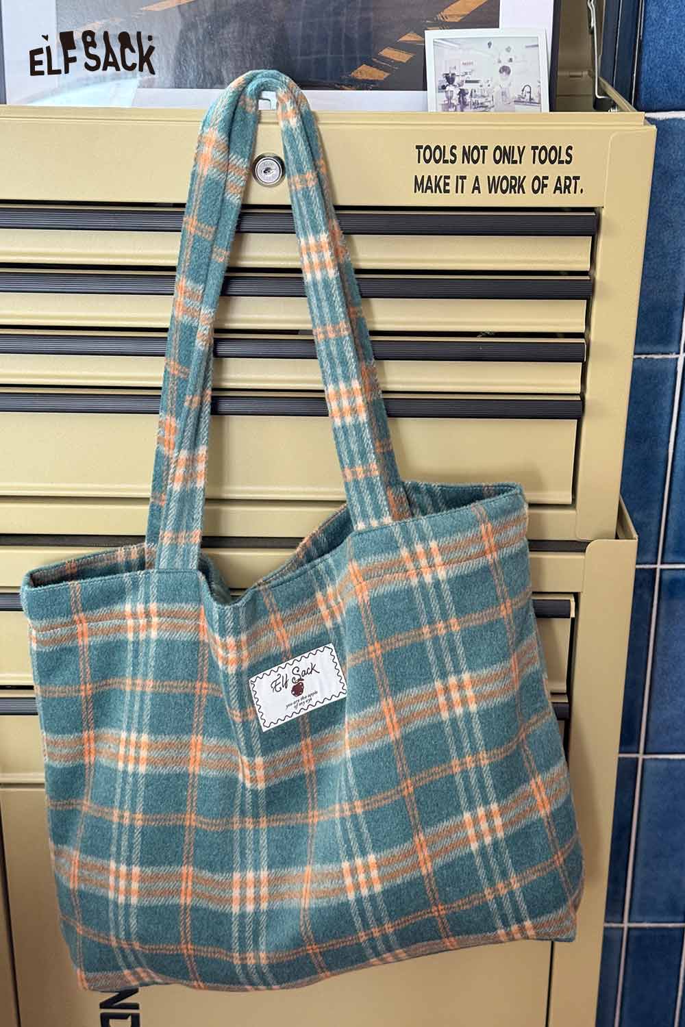 ELFSACK checkerboard weave tote bag in teal and orange plaid design for stylish everyday use