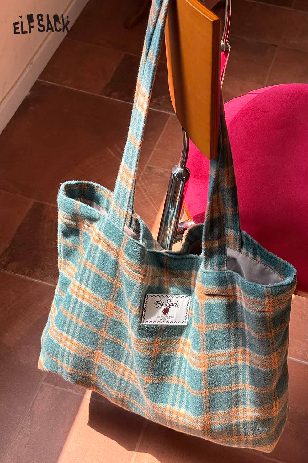 ELFSACK checkerboard weave tote bag in teal and orange plaid pattern, perfect for everyday use