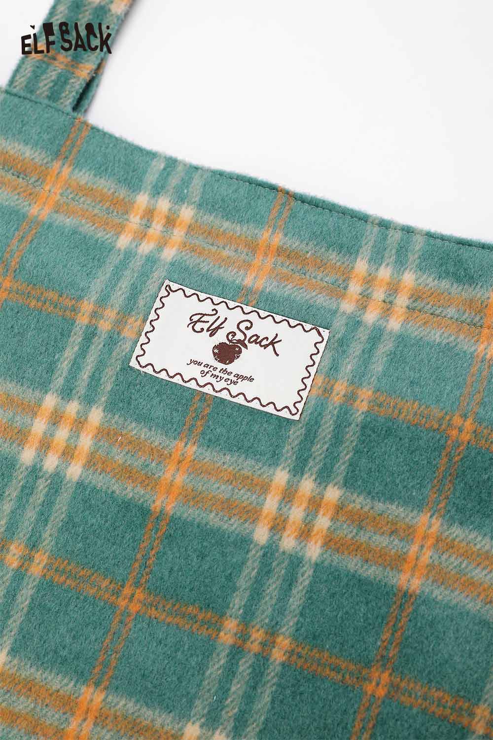 ELFSACK checkerboard weave tote bag in green and yellow with a stylish label on the front