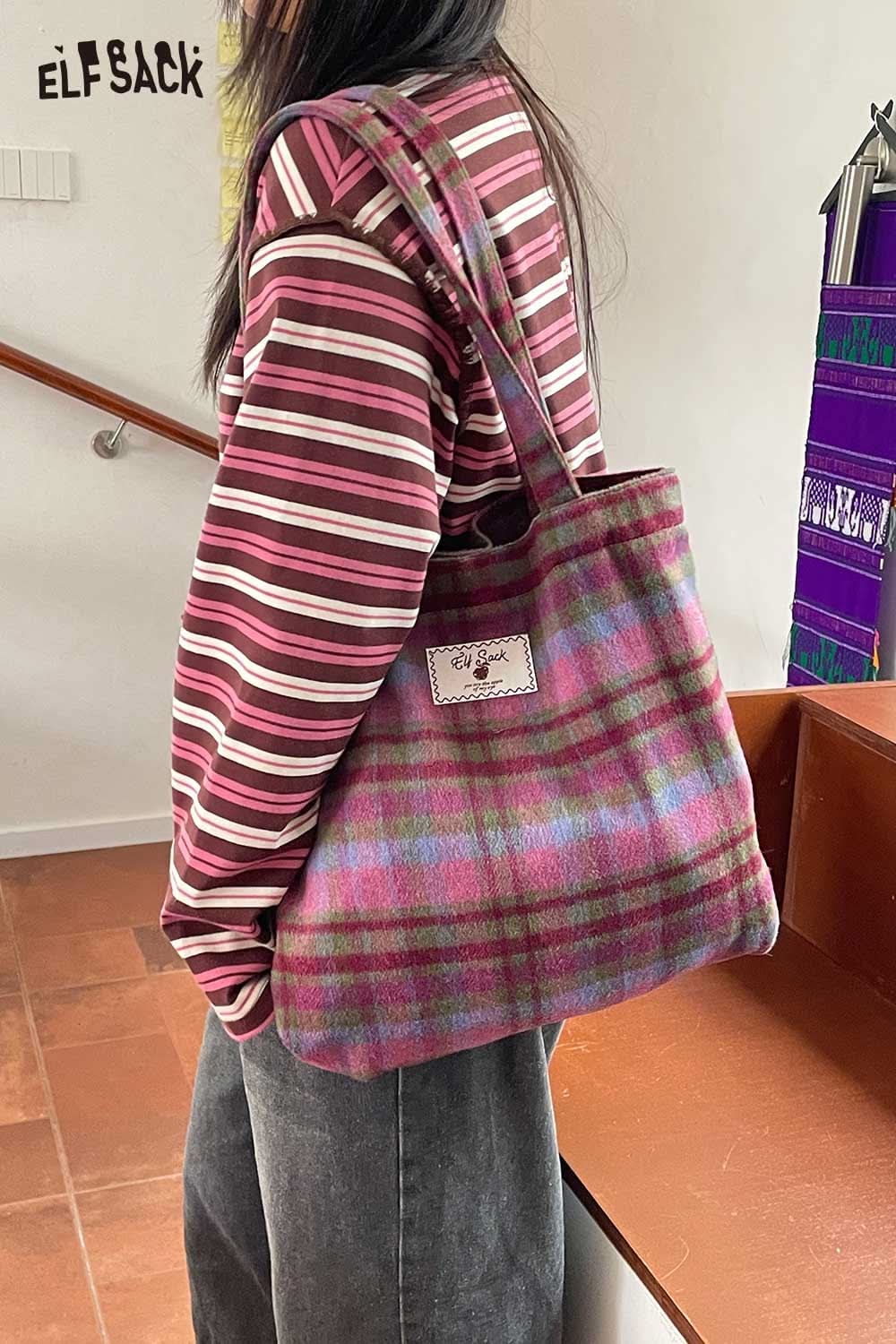 ELFSACK checkerboard weave tote bag in colorful plaid design, perfect for casual outings