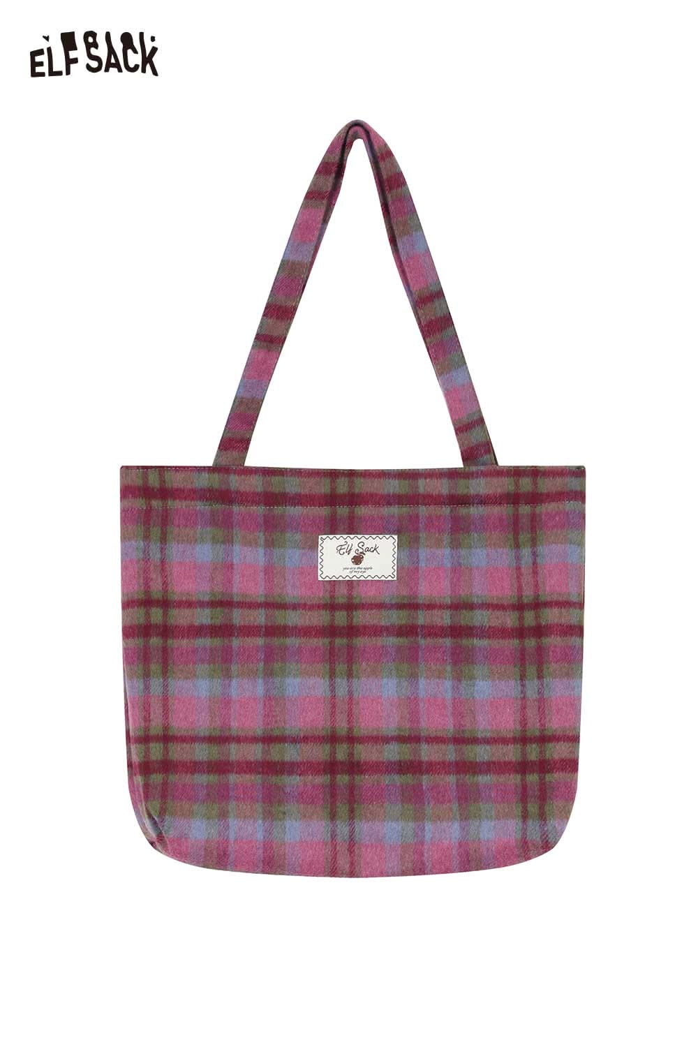 ELFSACK checkerboard weave tote bag in pink plaid pattern perfect for stylish daily use