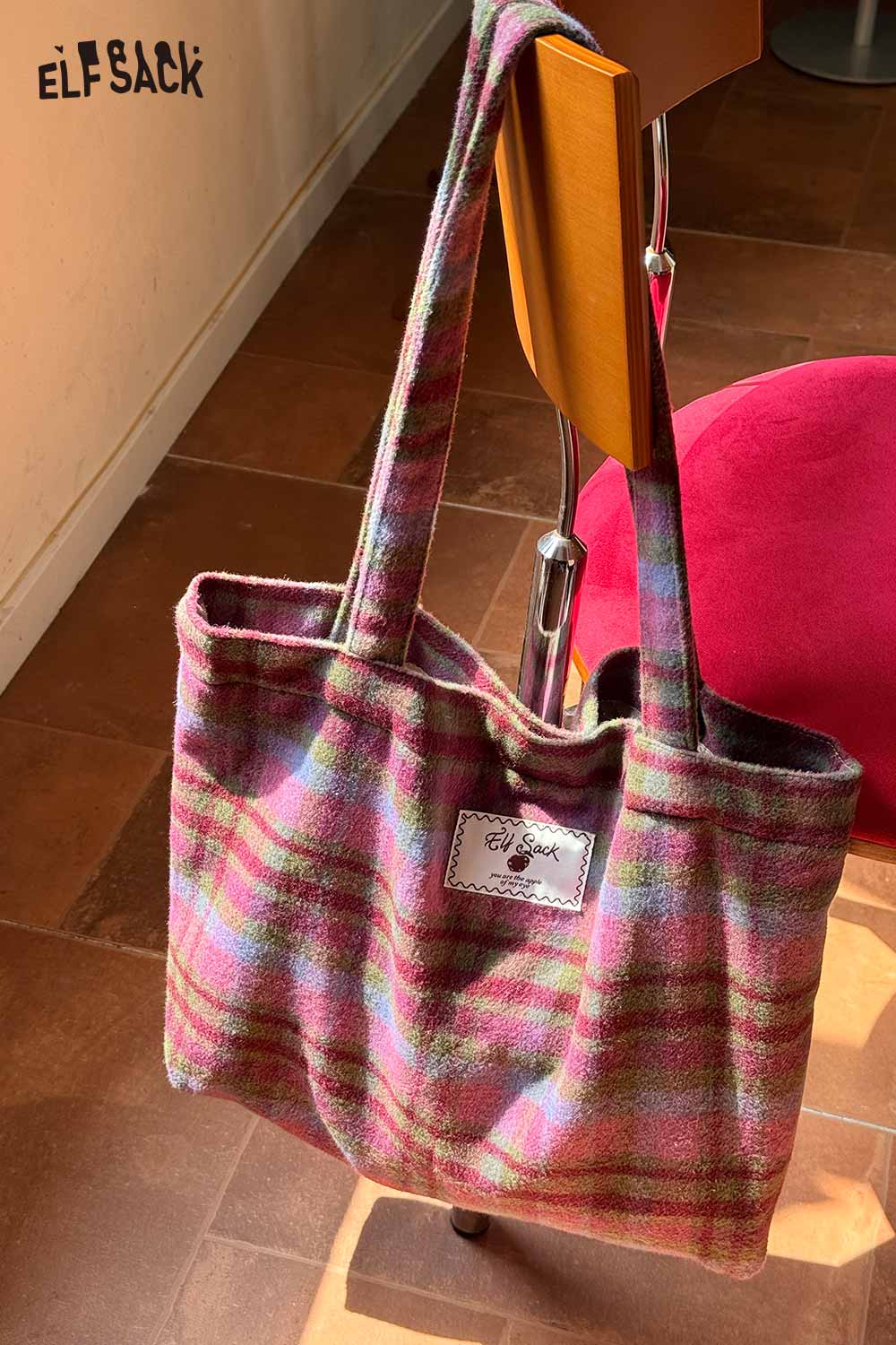 ELFSACK checkerboard weave tote bag in multicolor fabric with sturdy handles for daily use