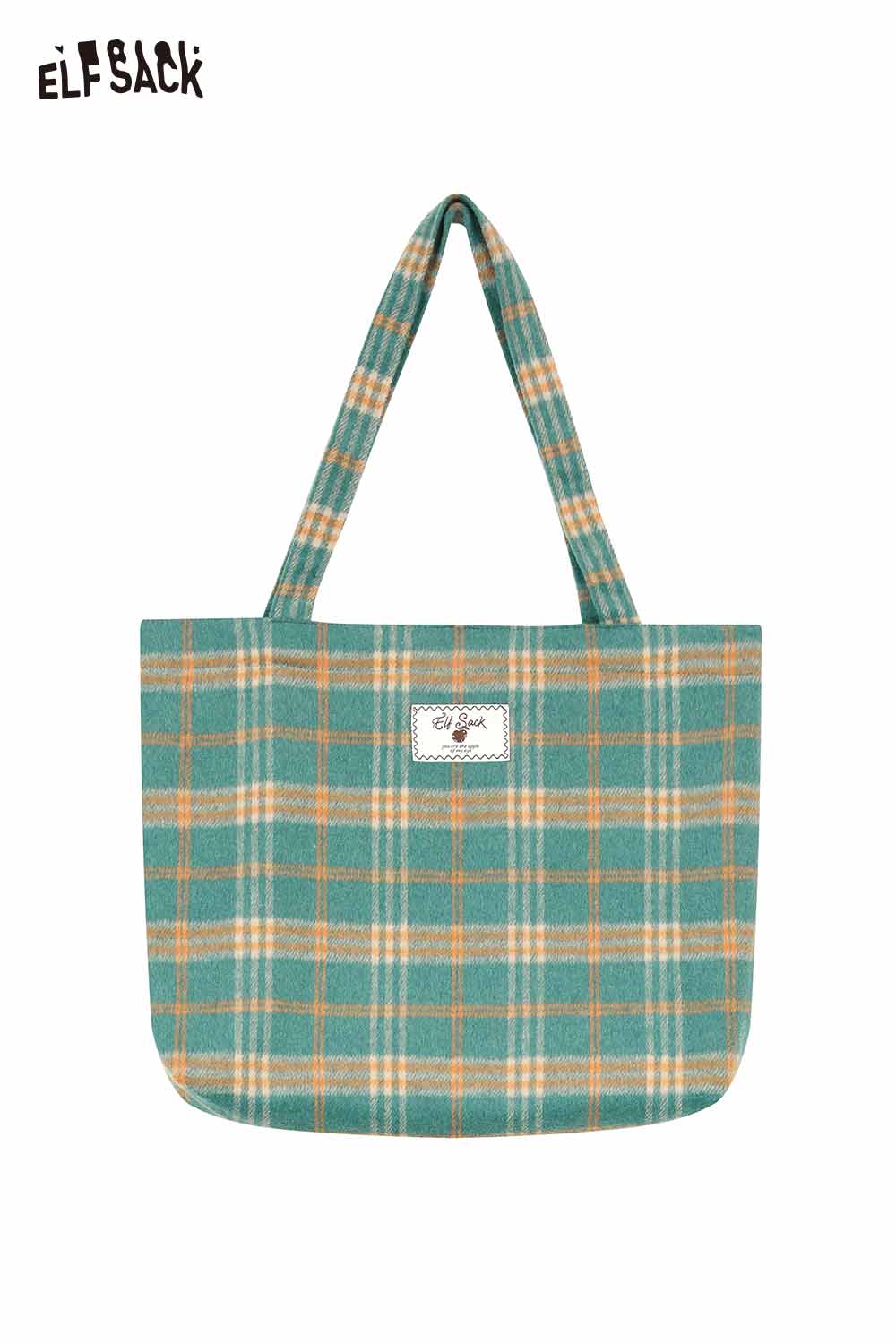 ELFSACK checkerboard weave tote bag in teal and beige with stylish plaid design