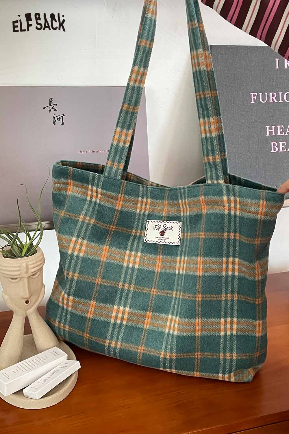 ELFSACK checkerboard weave tote bag in green and brown, ideal for casual outings and everyday use