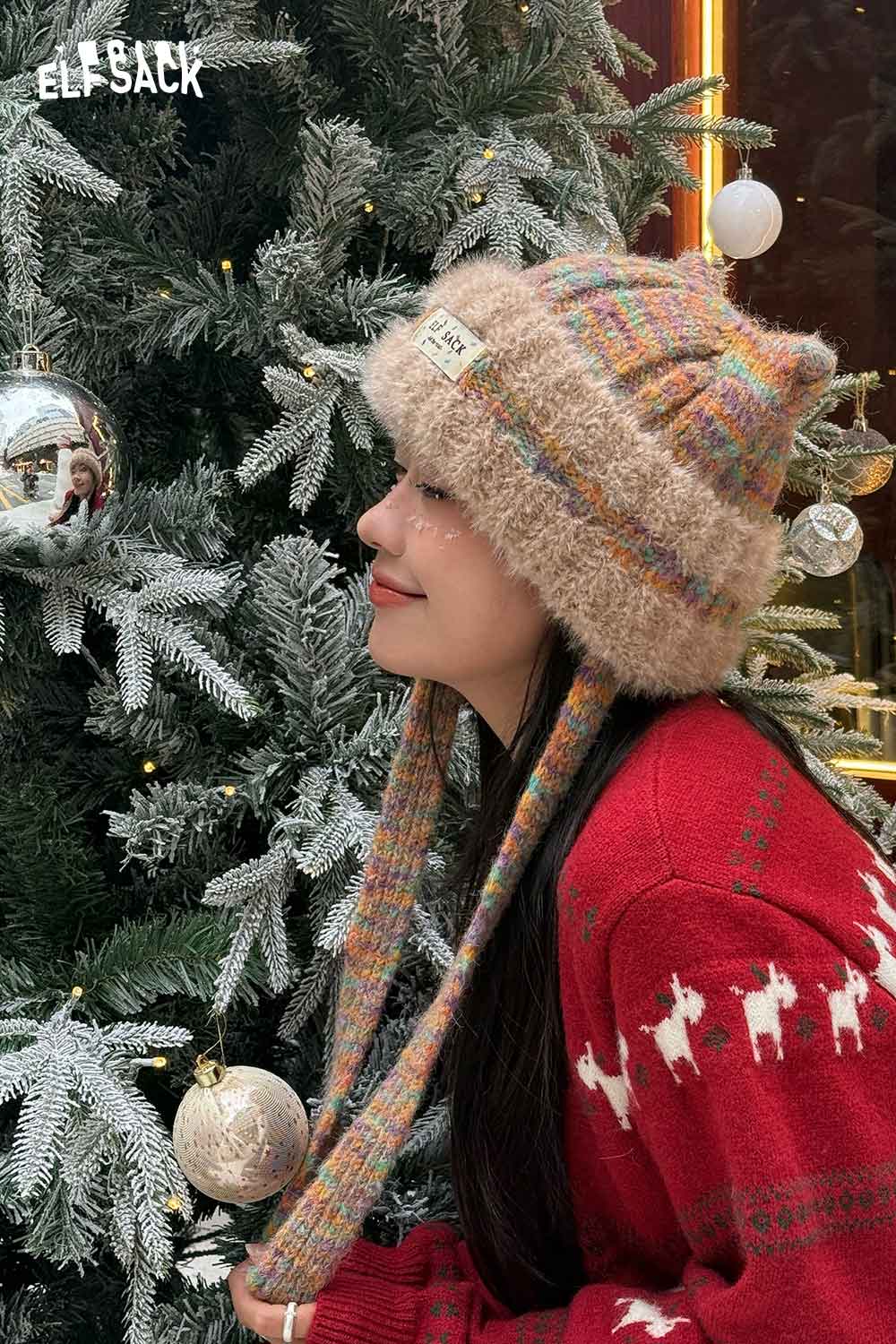 Cozy ELFSACK cute cat ear beanie for women with colorful pattern and ear flaps, perfect for winter fashion