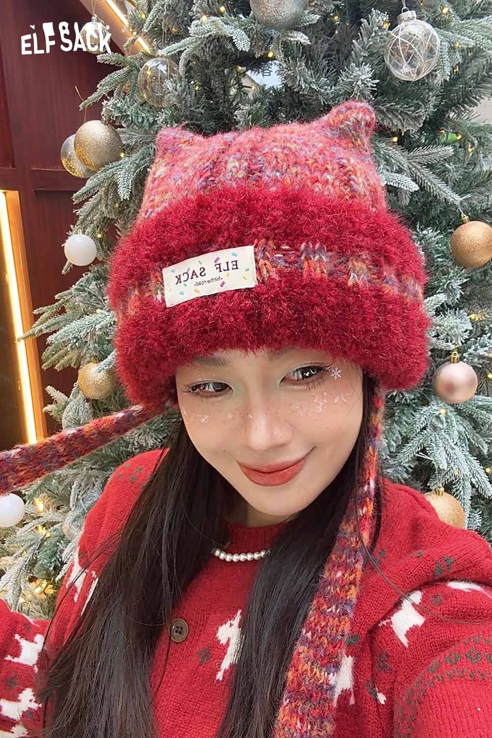 Cozy ELFSACK cute cat ear beanie for women with festive colors, perfect for winter fashion