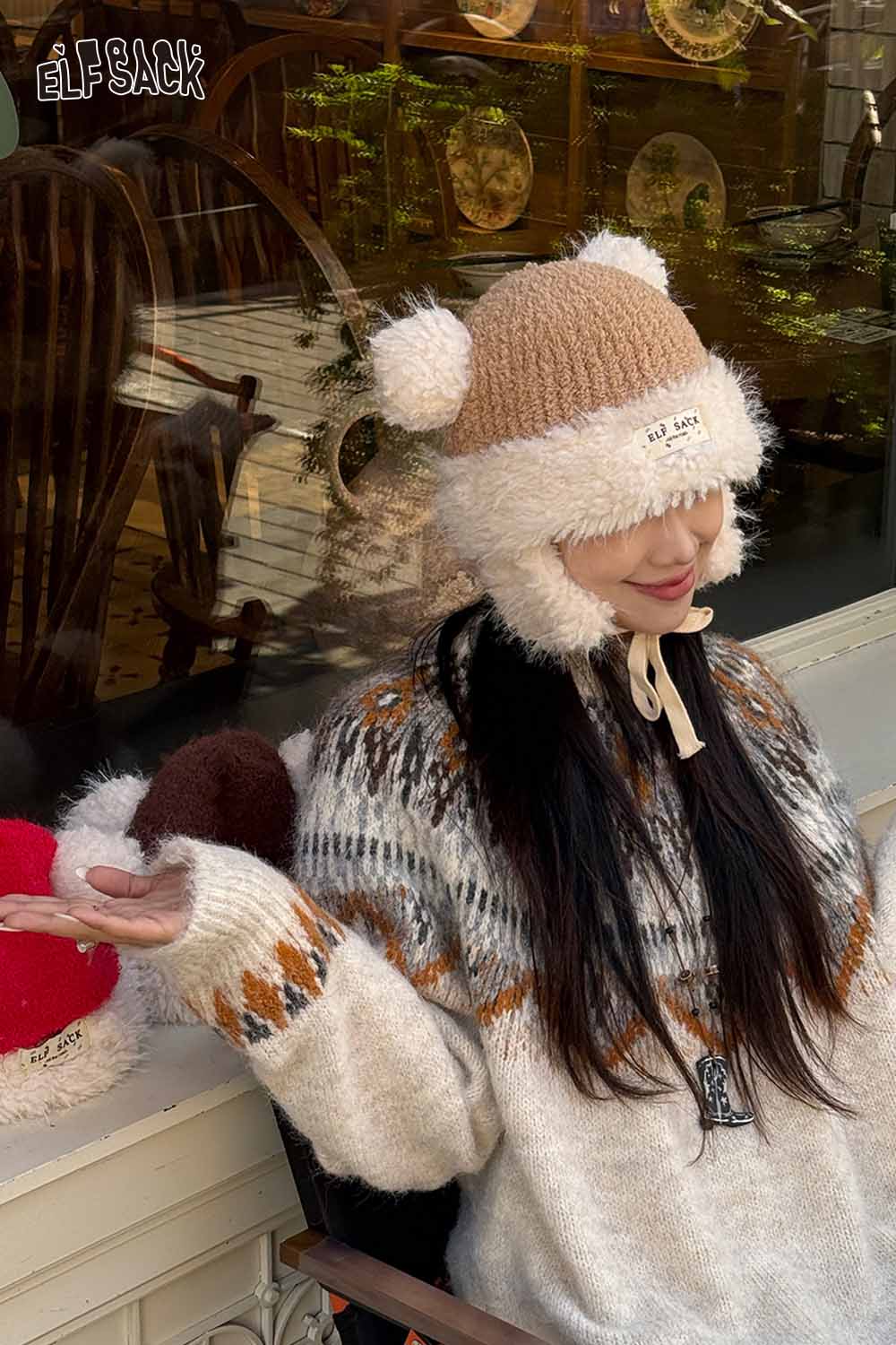 ELFSACK cute plush ear flap hat in beige with adorable bear ears for cozy winter style