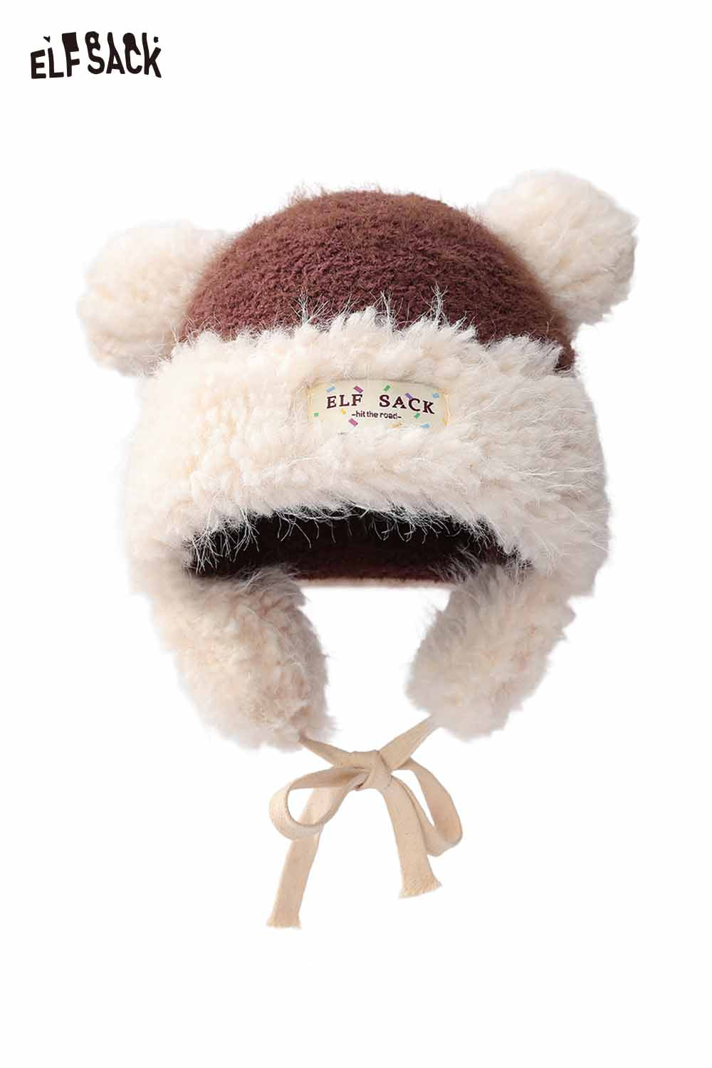 ELFSACK cute plush ear flap hat with cozy texture and adorable bear ears for winter warmth