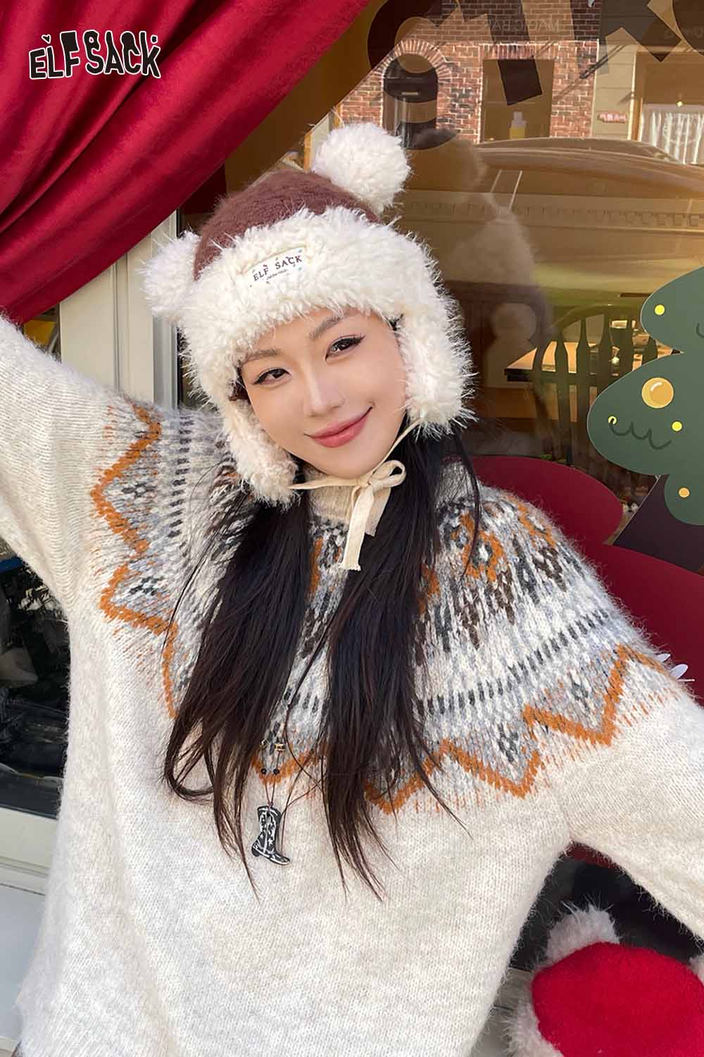 ELFSACK cute plush ear flap hat with fluffy design and bear ears for a cozy winter look