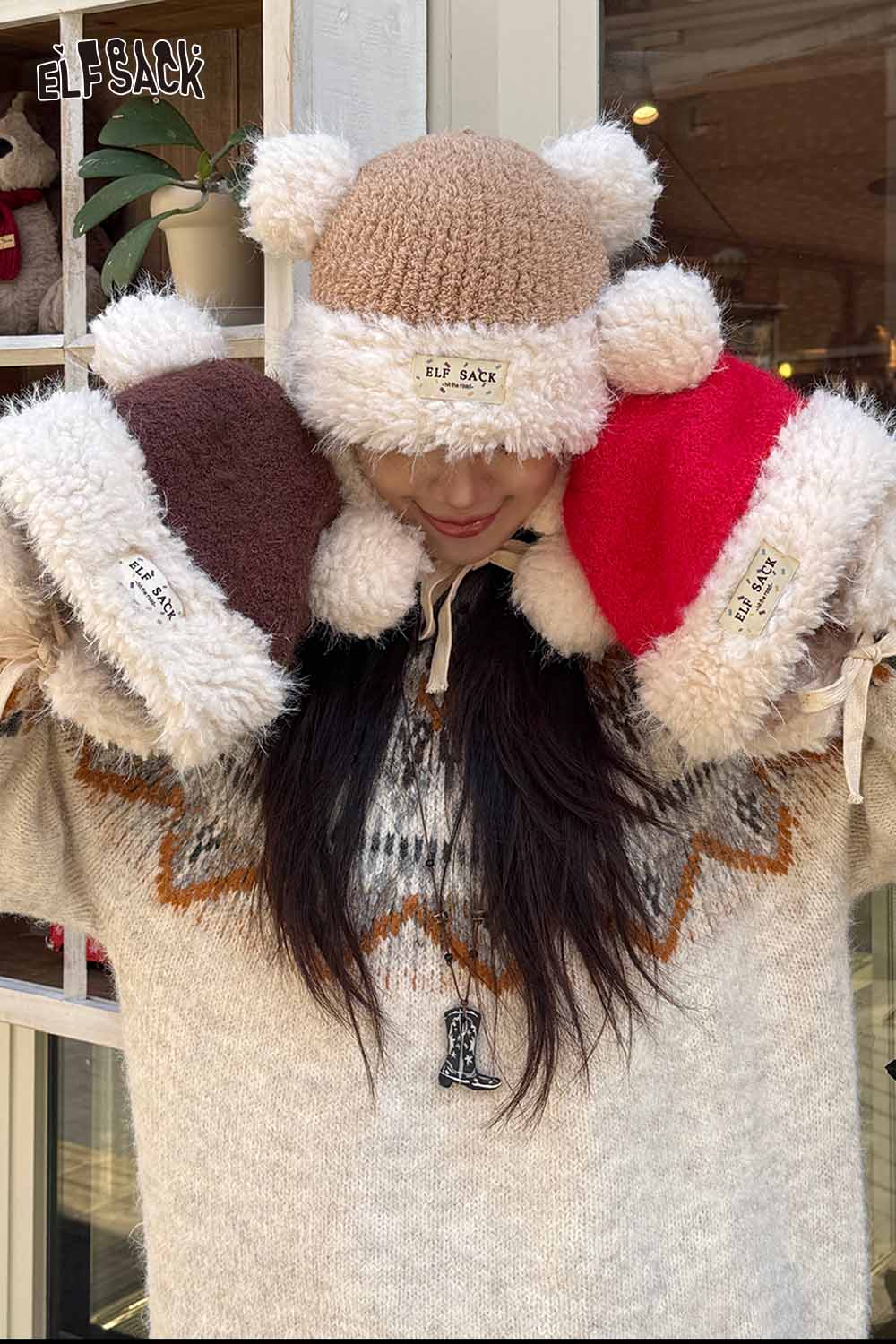 Three cute plush ear flap hats in brown, red, and beige, perfect for winter fashion and warmth