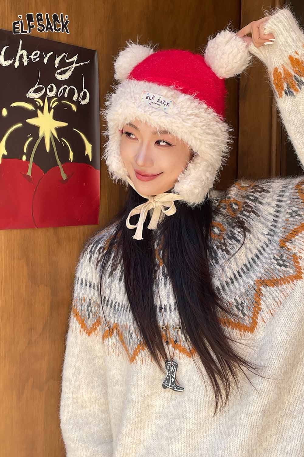 ELFSACK cute plush ear flap hat in red with pom poms, perfect for winter fashion