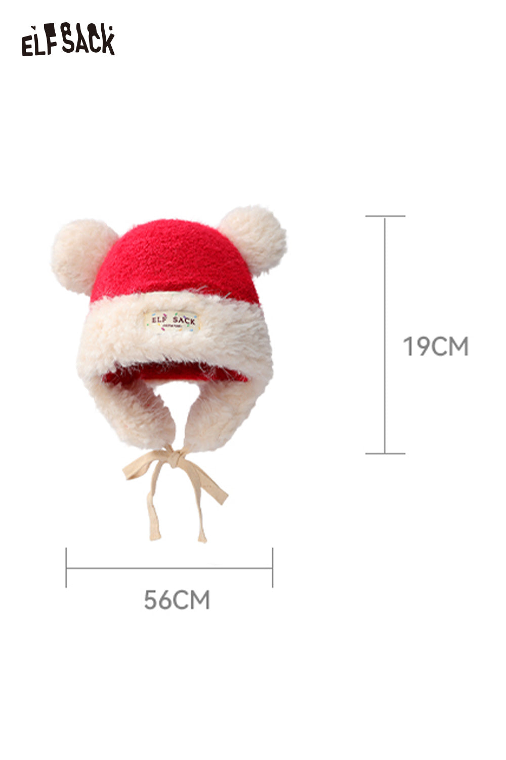 ELFSACK cute plush ear flap hat in red and cream with adorable bear ears and adjustable chin straps