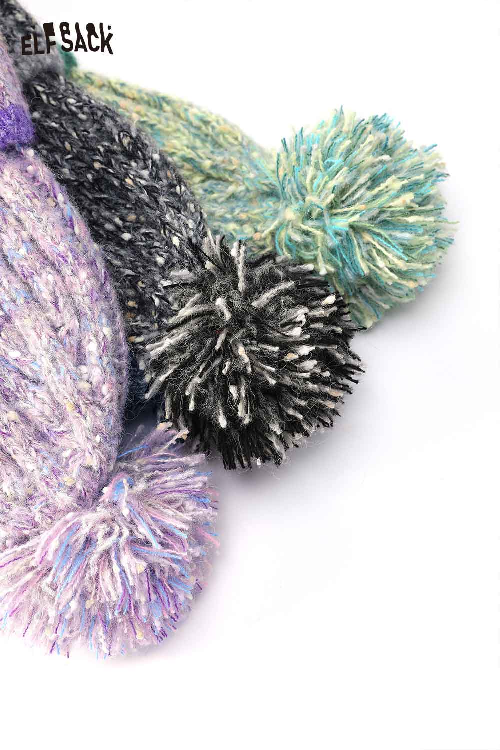 Colorful ELFSACK cute striped pom beanie for women featuring fluffy pom accents