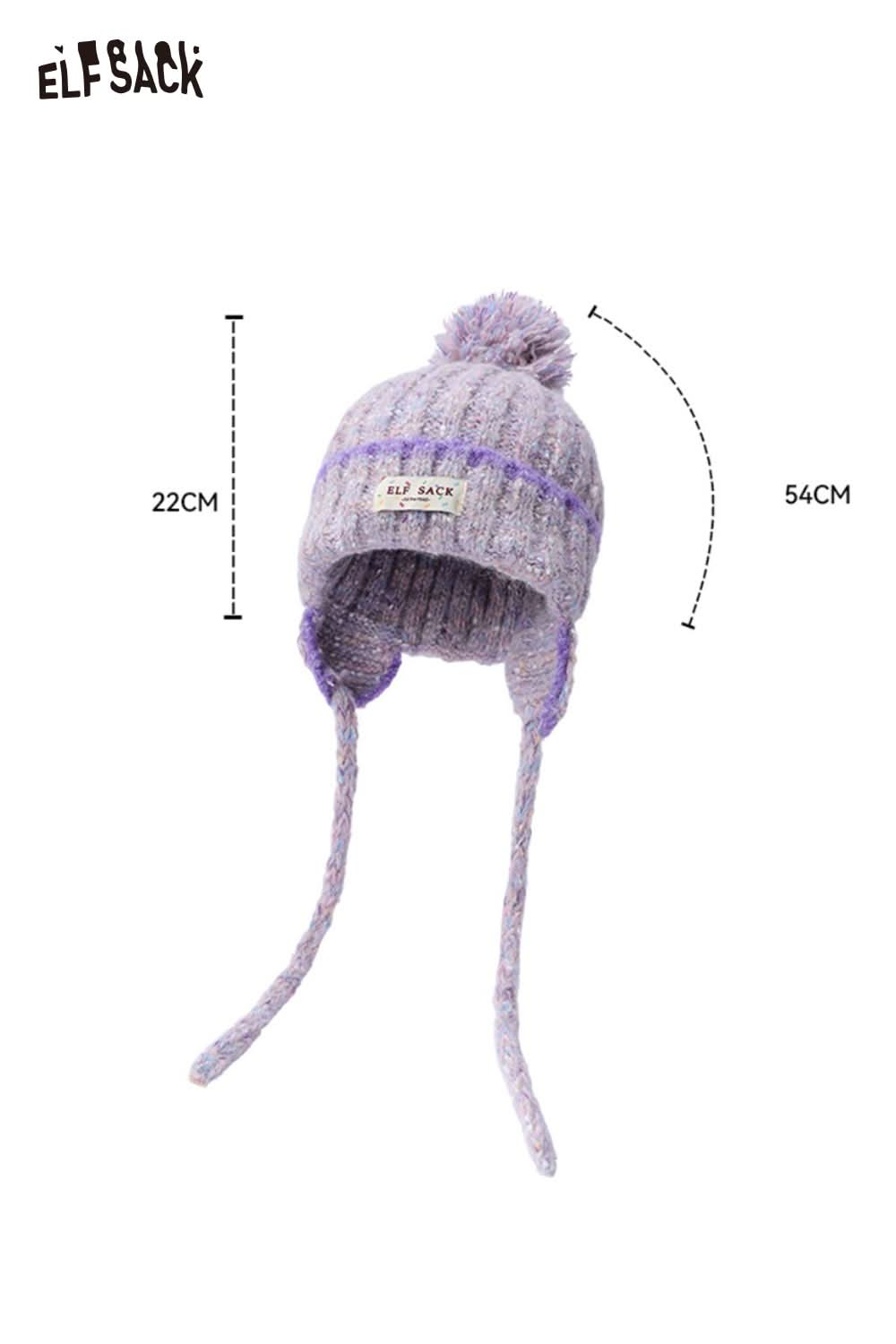 ELFSACK cute striped pom beanie for women with ear flaps and cozy fit in light purple