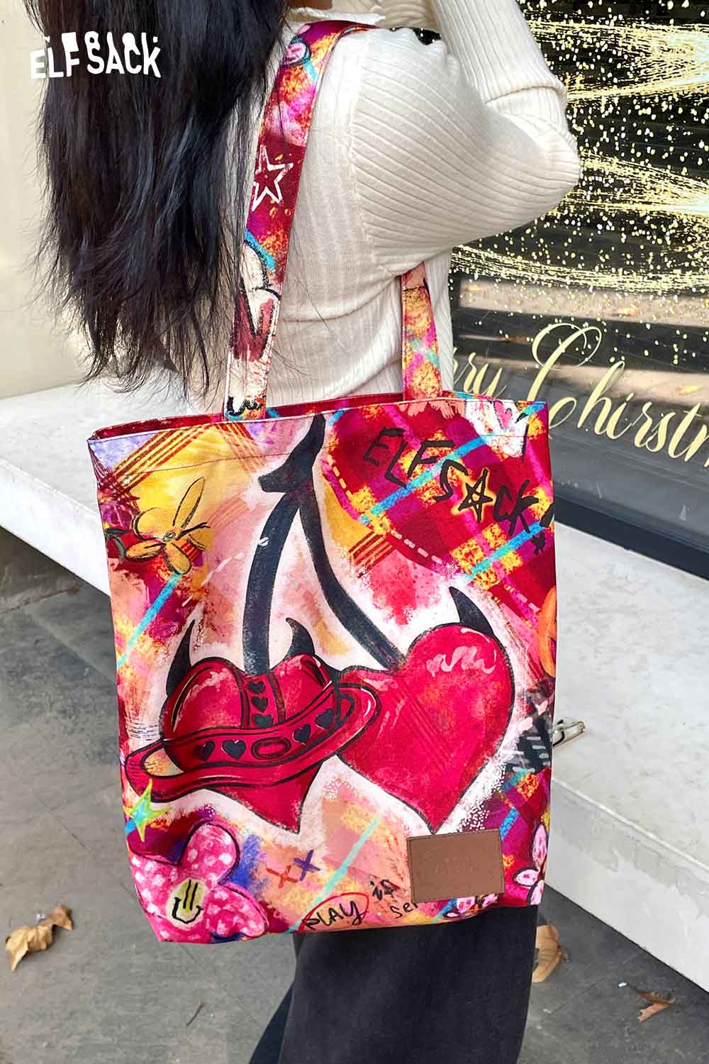 ELFSACK plaid graffiti tote bag with colorful artistic designs for a stylish look