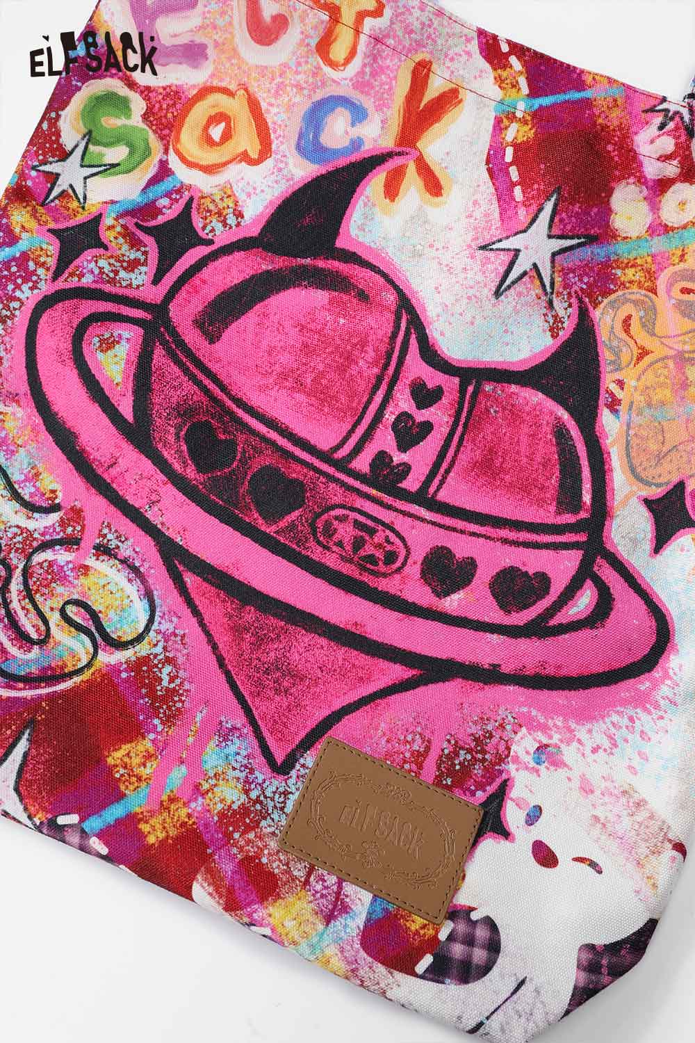 ELFSACK plaid graffiti tote bag featuring vibrant colors and unique graphic designs