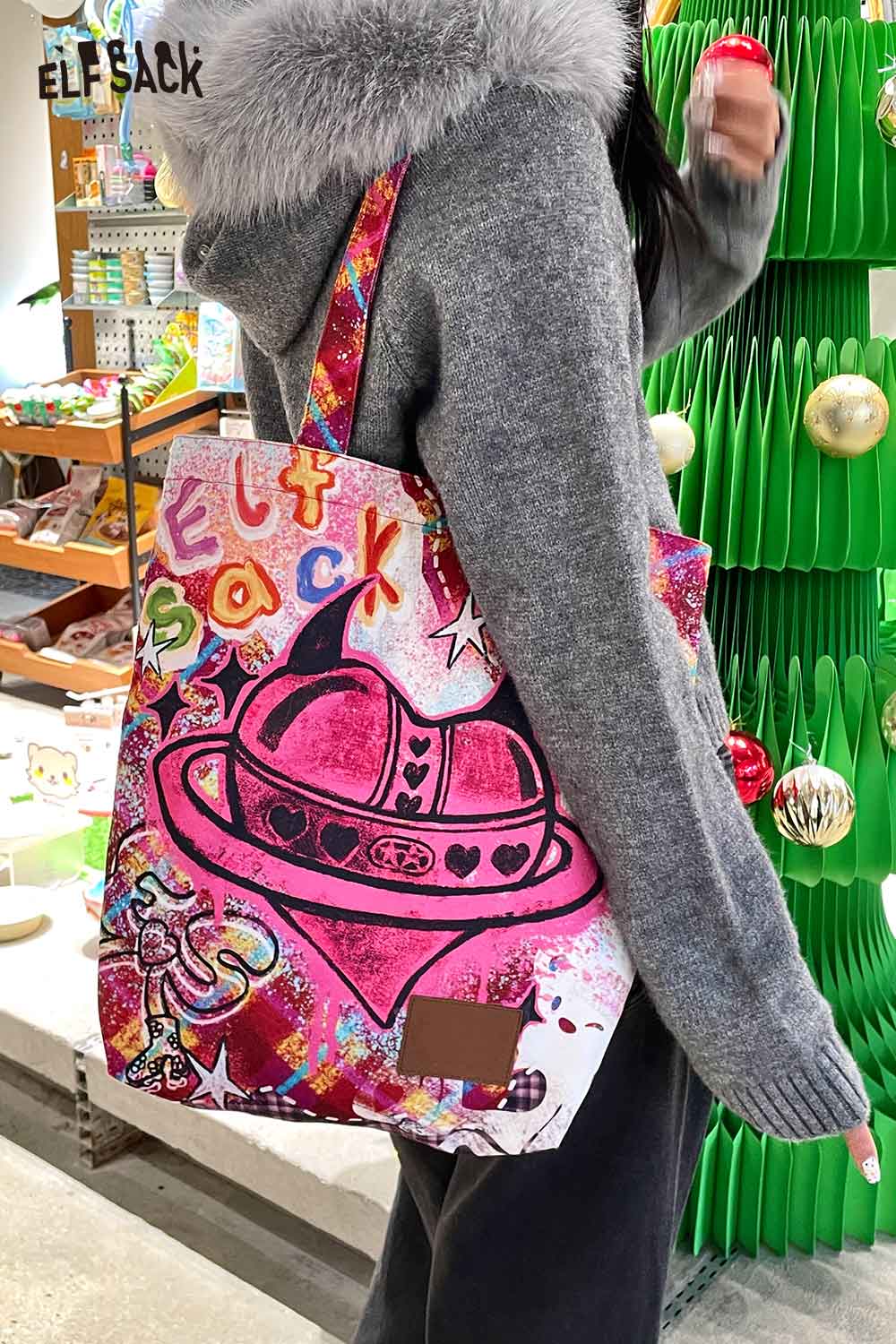 ELFSACK plaid graffiti tote bag featuring vibrant colors and quirky designs for a stylish and fun look