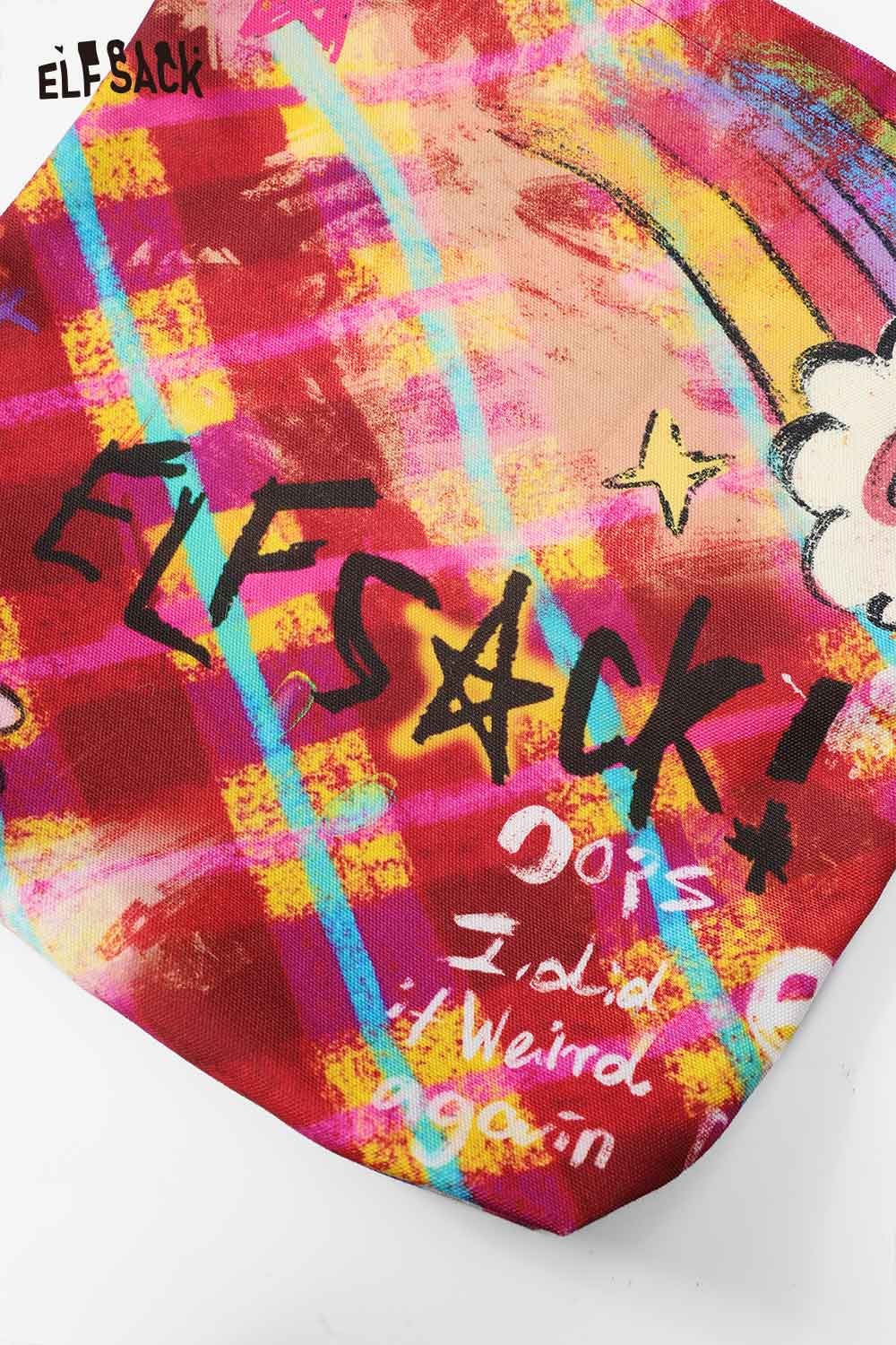 ELFSACK plaid graffiti tote bag featuring colorful prints and bold designs for trendy casual use
