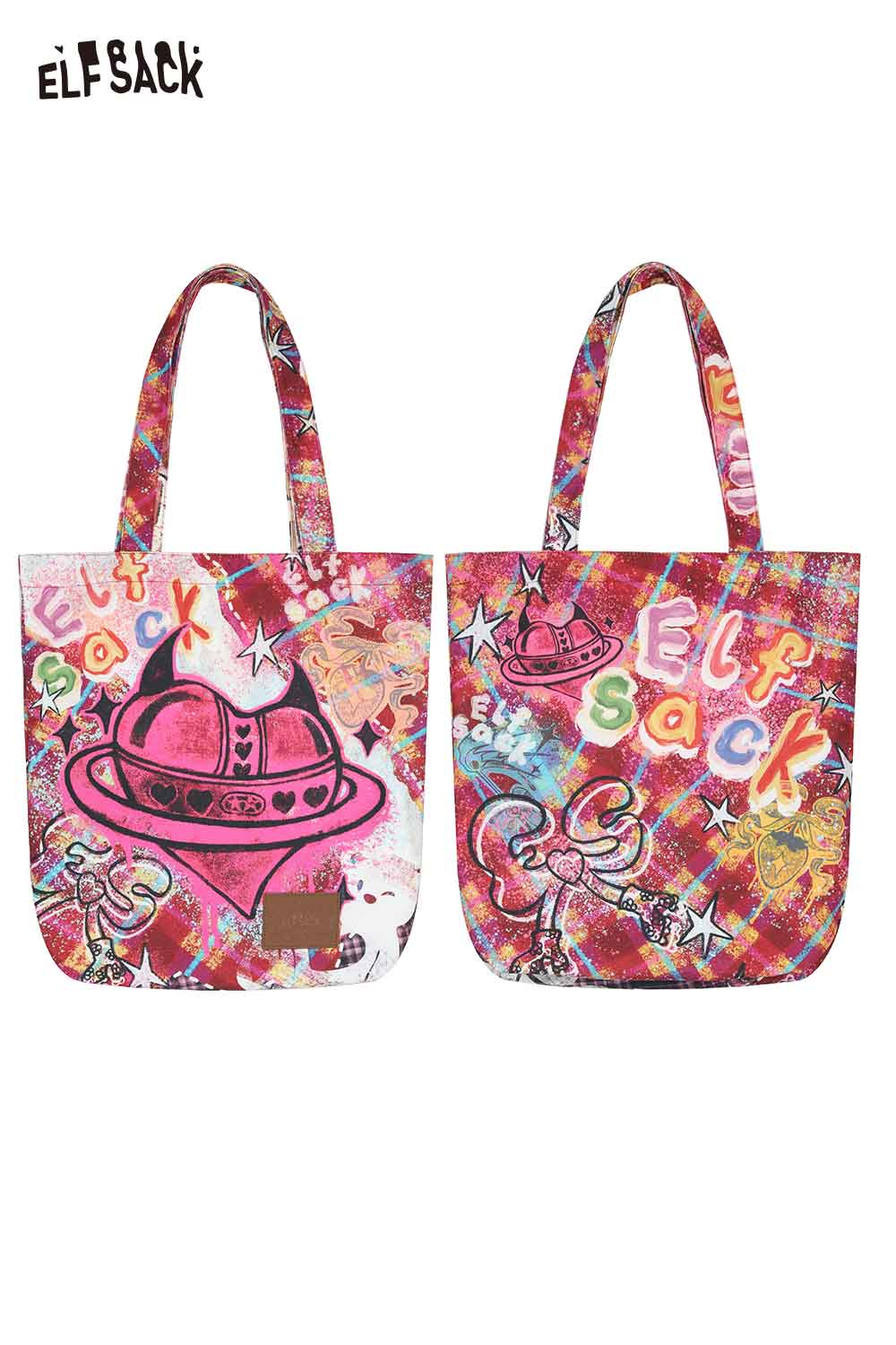 ELFSACK plaid graffiti tote bag featuring colorful graphics and stylish design for casual outings