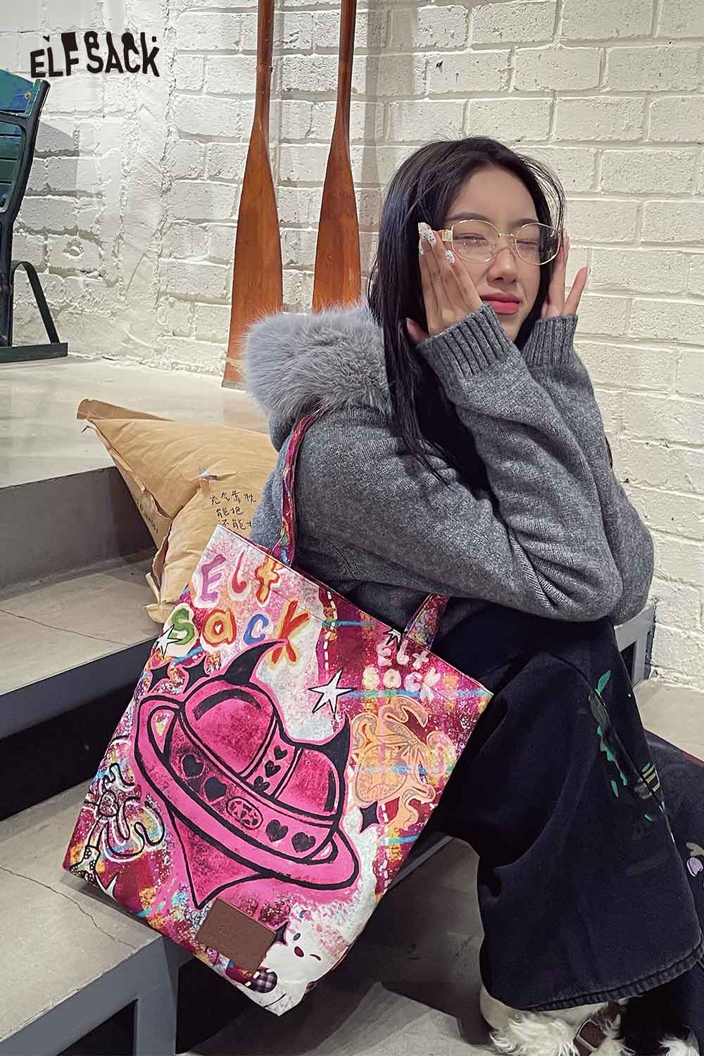 Stylish ELFSACK plaid graffiti tote bag with vibrant colors and artistic design, perfect for everyday use