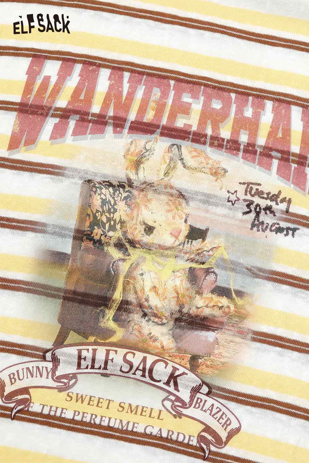 ELFSACK playful embroidered stripe shirt featuring whimsical bunny design with a vintage text print