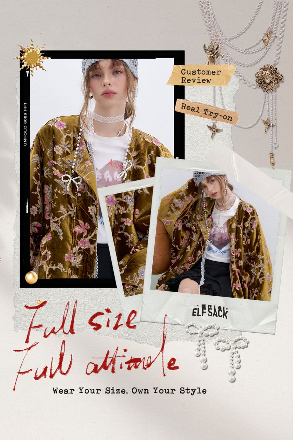 ELFSACK plus size floral velvet bomber jacket featuring a stylish floral pattern and comfortable fit