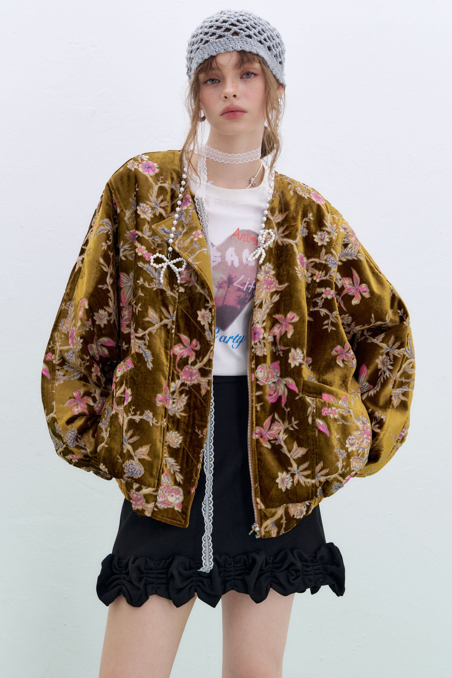 ELFSACK plus size floral velvet bomber jacket with intricate floral patterns and a stylish design