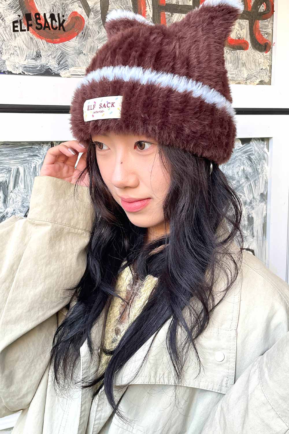 ELFSACK plush cat ear hat for women in brown with a cozy design and playful ears