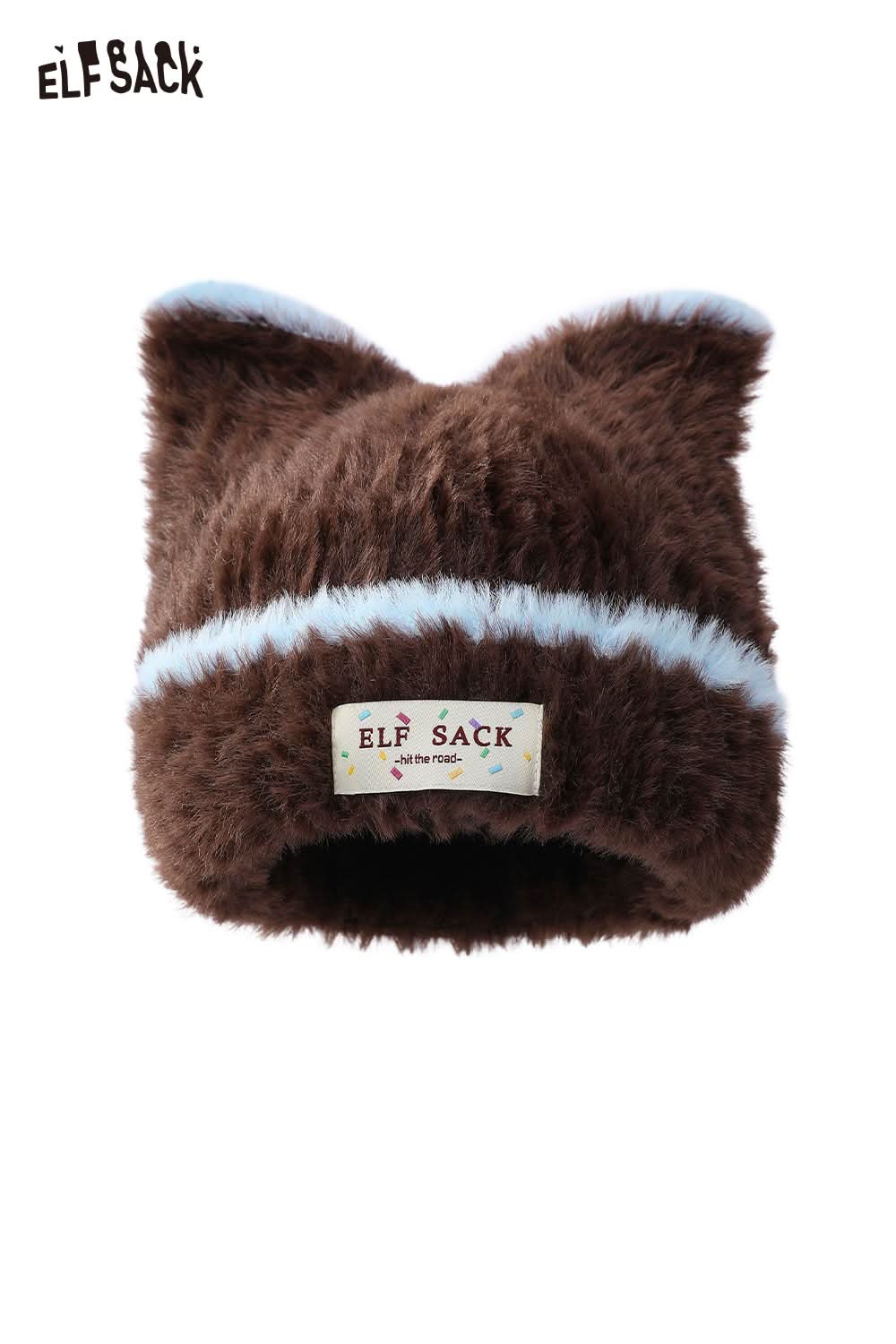 Cozy brown plush cat ear hat for women with light blue accents by ELFSACK