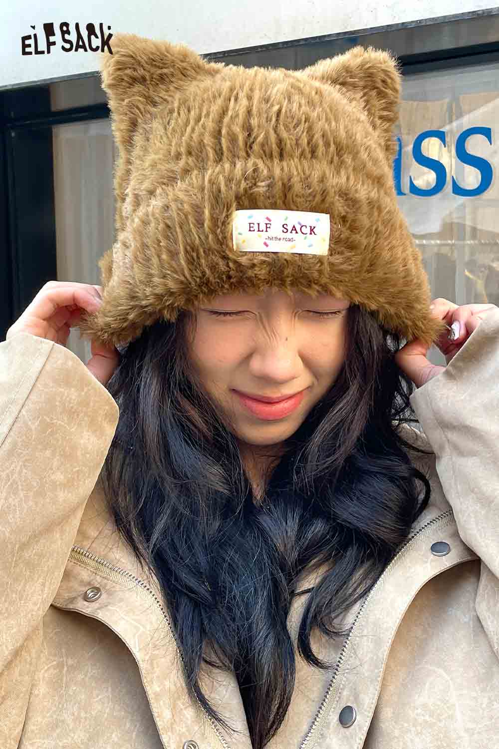 Cozy ELFSACK plush cat ear hat for women in brown, perfect for winter fashion and warmth