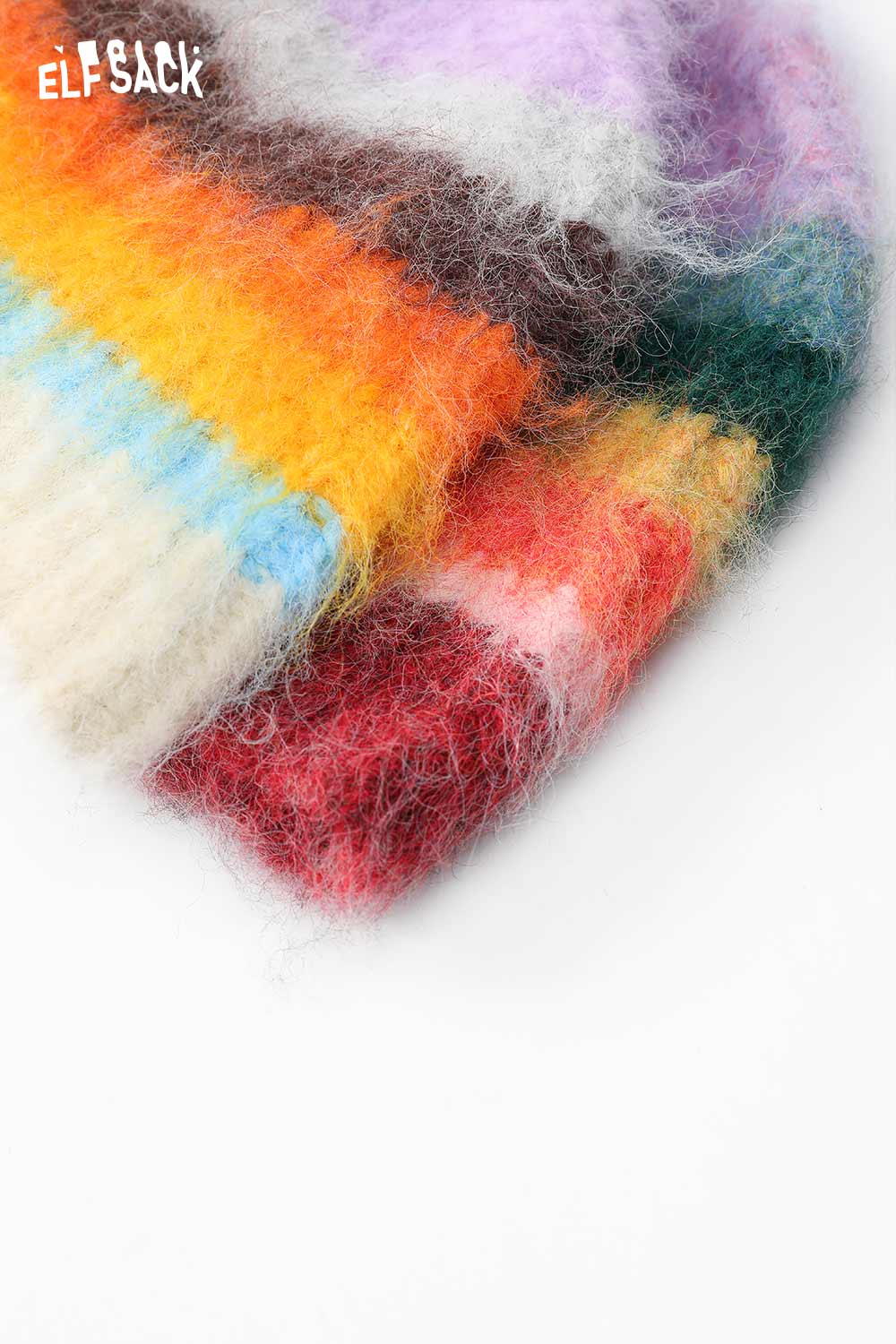 ELFSACK rainbow striped knit beanie featuring soft, colorful stripes for a cozy winter accessory