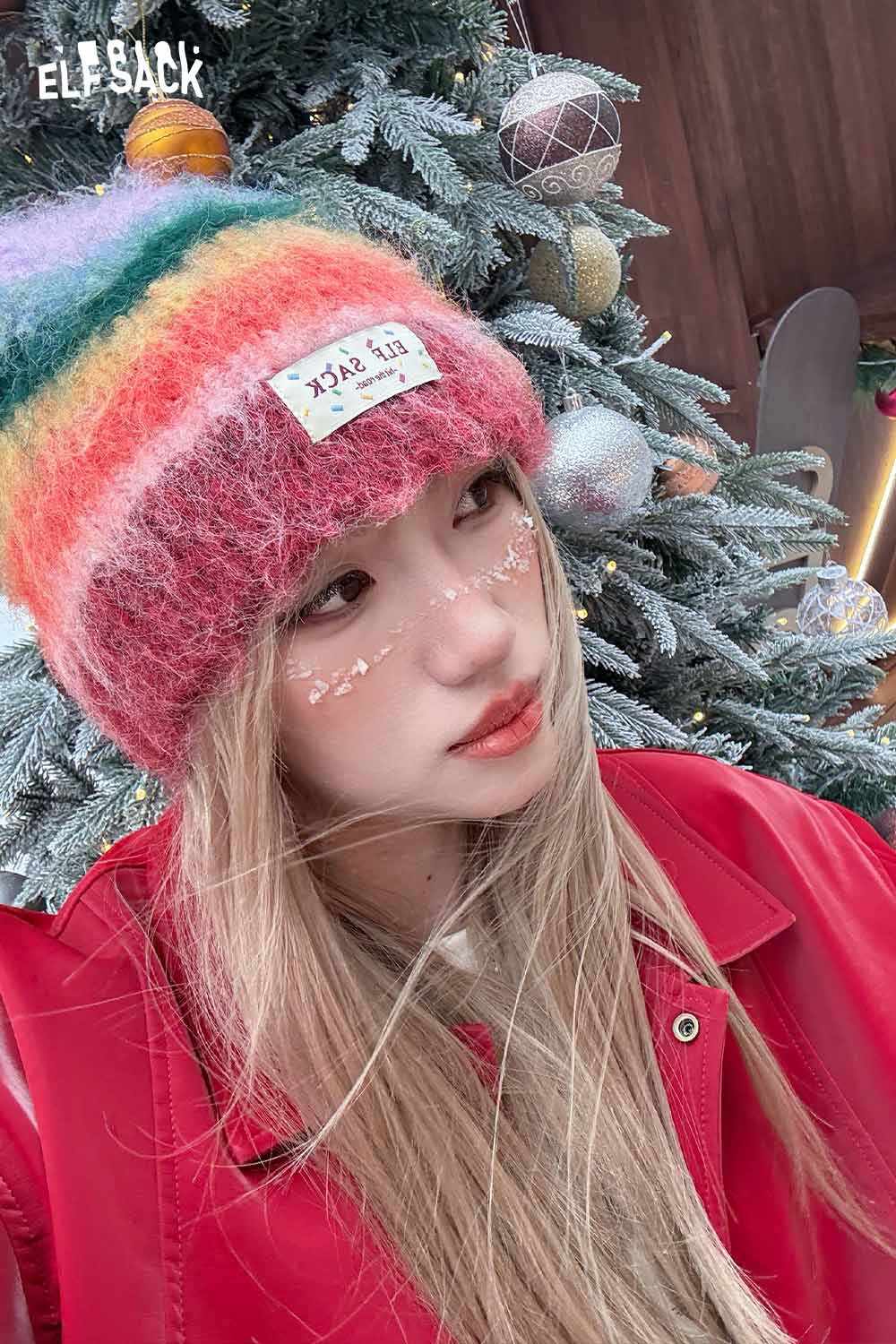 ELFSACK rainbow striped knit beanie for stylish winter fashion with vibrant colors