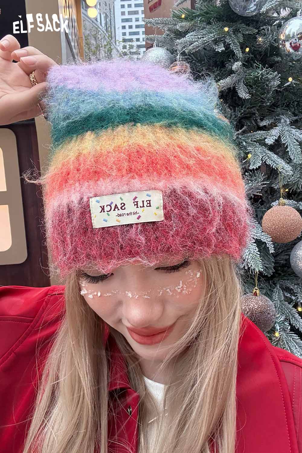 ELFSACK rainbow striped knit beanie in vibrant colors, perfect for stylish winter warmth