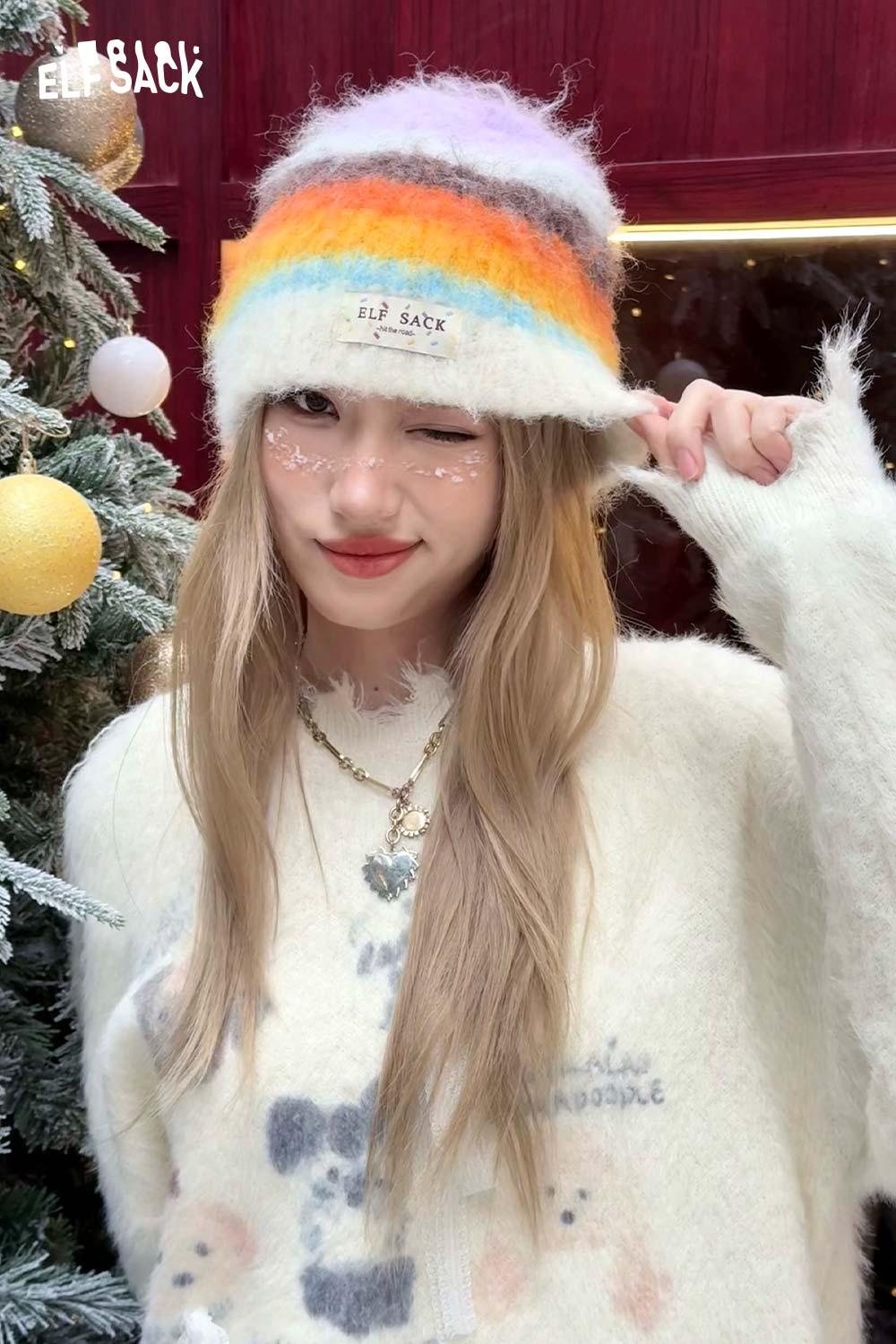 ELFSACK Rainbow Striped Knit Beanie with Soft Texture for Trendy Winter Style