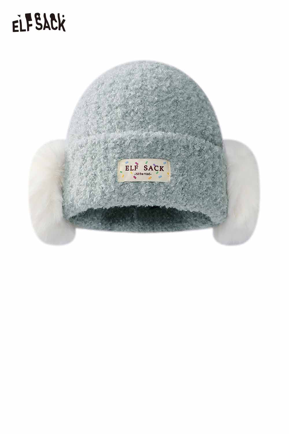 ELFSACK soft gray beanie featuring white plush ear muff beanie for cozy winter warmth