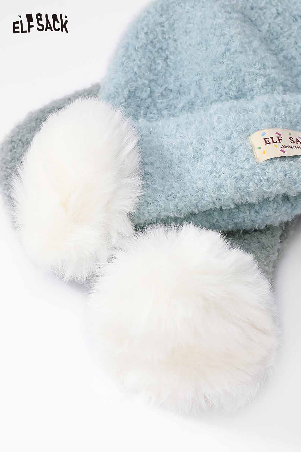 ELFSACK blue beanie with white plush ear muff beanie for stylish winter warmth