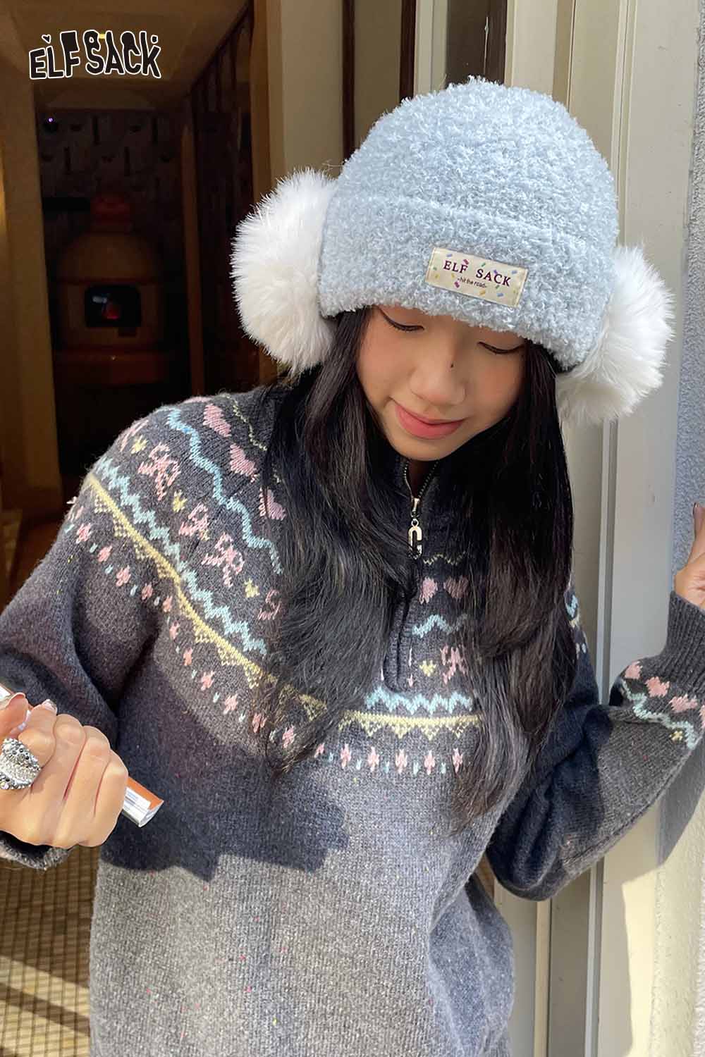 ELFSACK gray beanie with white plush ear muffs for warmth and style in winter fashion