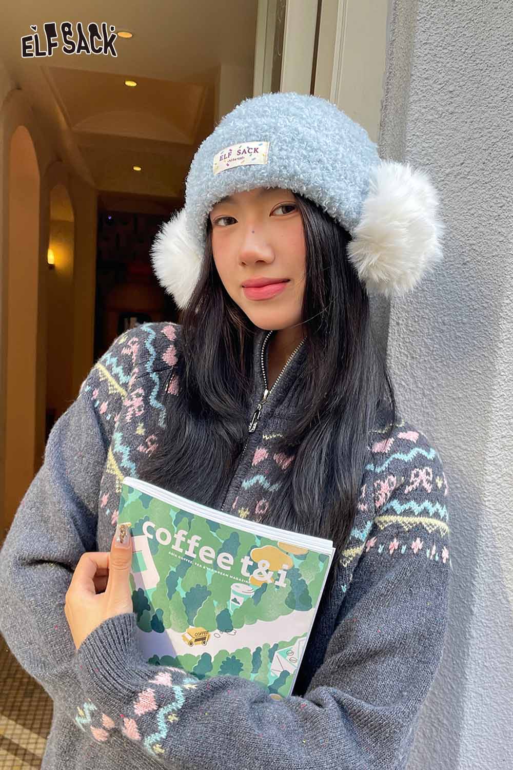 ELFSACK white plush ear muff beanie with fluffy pom-poms for winter style and warmth