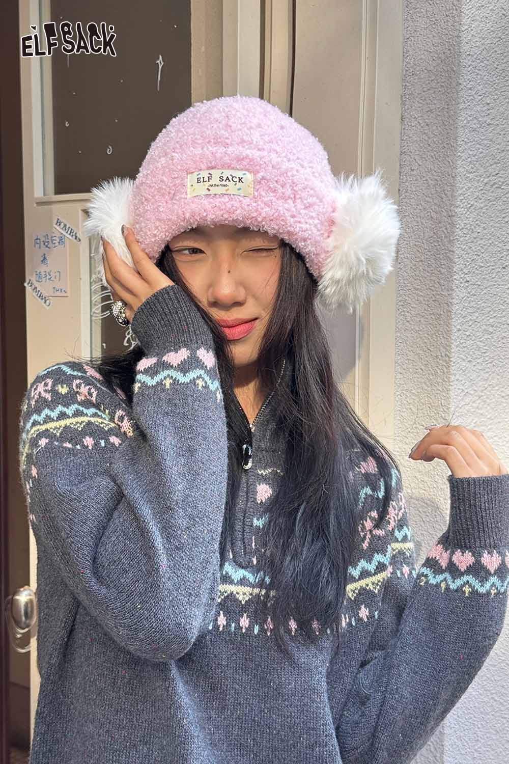 ELFSACK Pink Plush Beanie with White Plush Ear Muffs for Winter Warmth