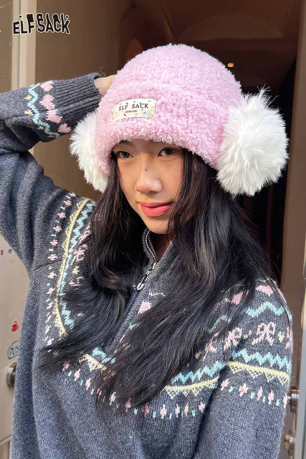 ELFSACK Pink Beanie with White Plush Ear Muff Beanie for Warmth and Style in Winter