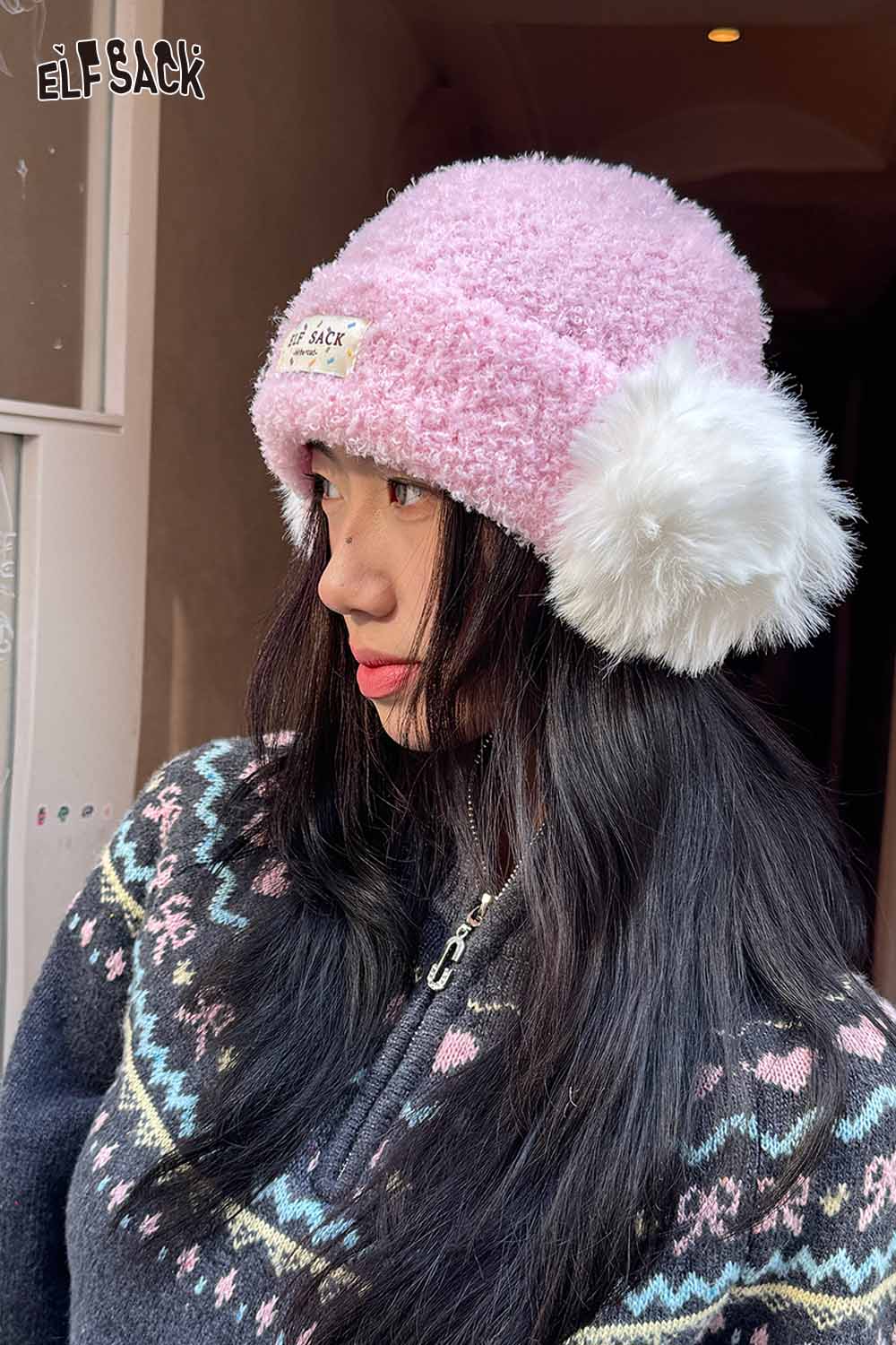ELFSACK pink beanie with white plush ear muff beanie for winter warmth and style