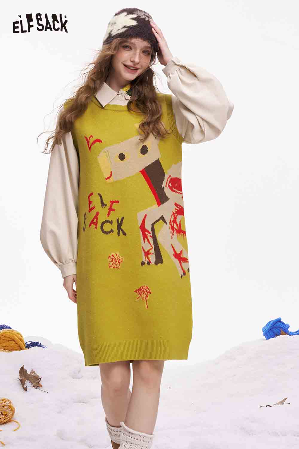 ELFSACK women's fake two piece dress in green with playful animal print and oversized sleeves